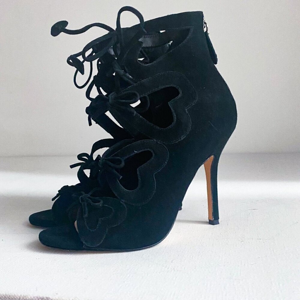 Isa Tapia Balck Suede Heart Motif Lace up Laser cut Booties  36